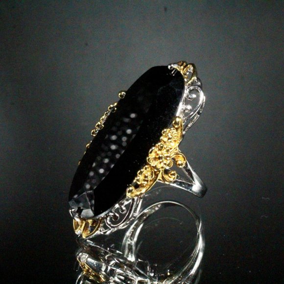 Sterling Silver Black Elongated CZ QVC Two Tone Statement Cocktail Ring - Picture 4 of 9